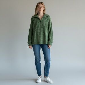 Vivilli Green 3/4 Zip V Neck Green Oversized Women Sweater Size M